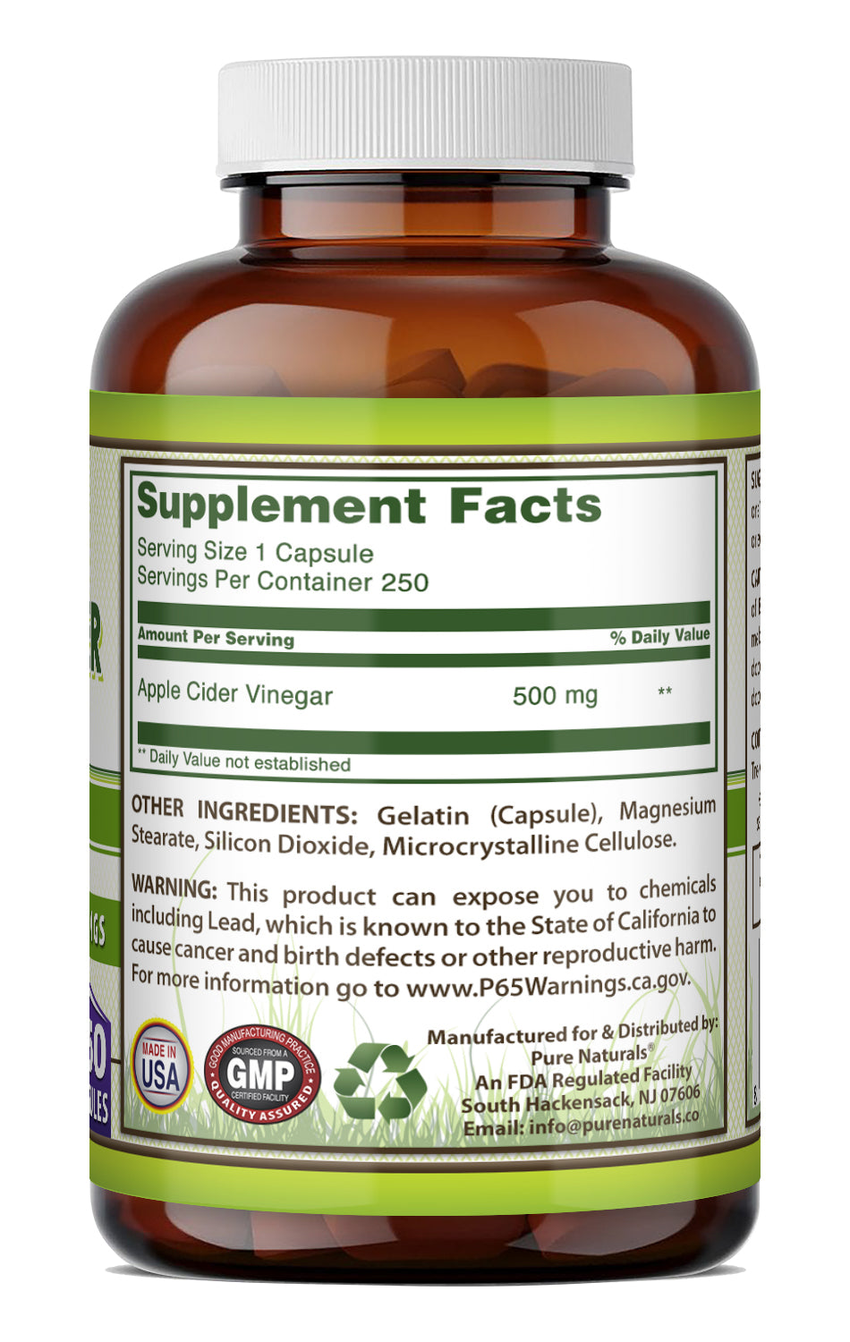 Pure Naturals Apple Cider Vinegar 500 Mg | 250 Capsules