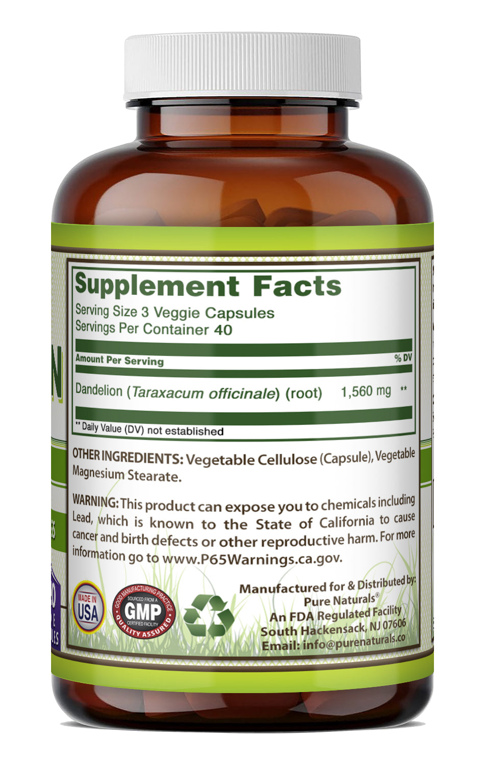 Pure Naturals Dandelion Root 1560 Mg per Serving | 120 Veggie Capsules