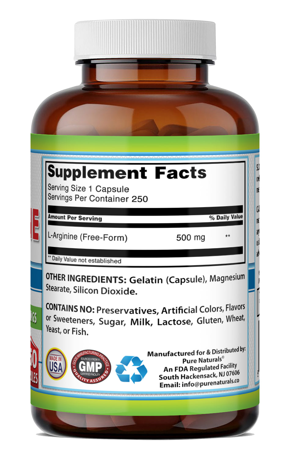 Pure Naturals L-Arginine 500 Mg Amino Acid Supplement | 250 Capsules