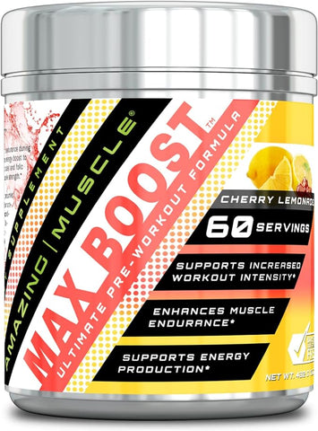 Image of Amazing Muscle Max Boost Advanced Pre-Workout Formula | Cherry Lemonade Flavor|  432 G