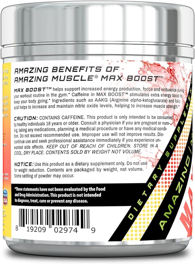 Amazing Muscle Max Boost Pre-Workout Formula | Cherry Lemonade Flavor | 432 G | 60 Servings | 7.2 Grams per Serving