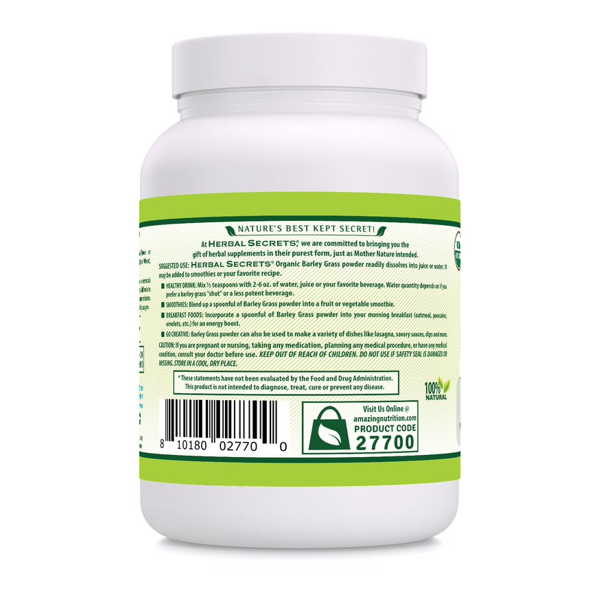 Herbal Secrets Barley Grass Powder | 16 Oz | 7 Grams per Serving | 64 Servings | USDA Organic
