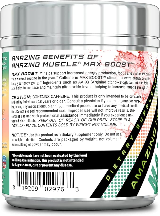 Amazing Muscle Max Boost Pre-Workout Formula | Watermelon Flavor | 60 Servings | 7.2 Grams per Serving