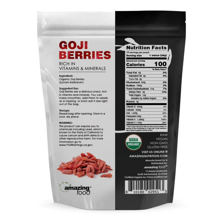 Amazing Food Goji Berries Seeds | 1 Lb | 28 Grams per Serving | 16 Servings | USDA Organic