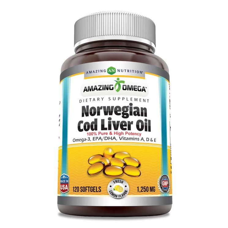 Amazing Omega Norwegian Cod Liver Oil  | 1250 Mg | 120 Softgels | Fresh Lemon Flavor