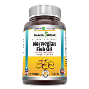 Amazing Omega Norwegian Fish Oil | 1250 Mg | 120 Softgels |  Orange Flavor