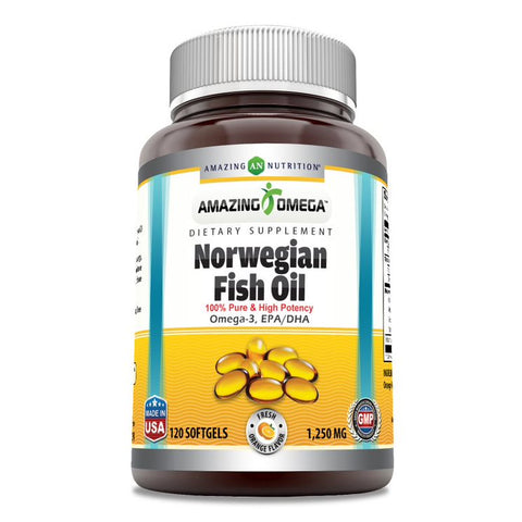 Image of Amazing Omega Norwegian Fish Oil | 1250 Mg | 120 Softgels |  Orange Flavor