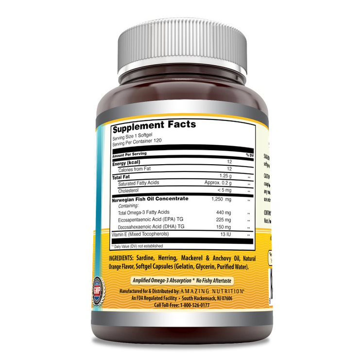 Amazing Omega Norwegian Fish Oil | 1250 Mg | 120 Softgels | Orange Flavor