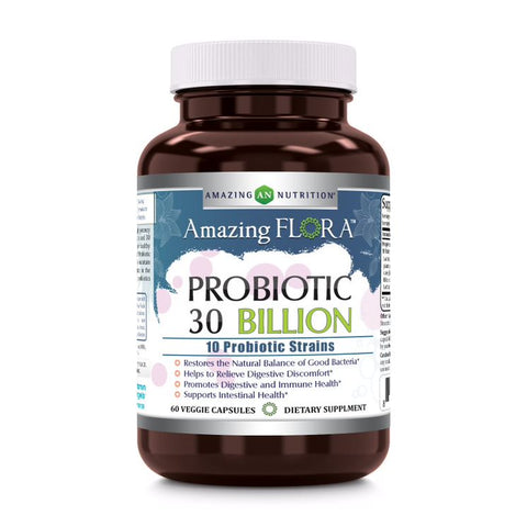 Amazing Flora Probiotic 30 Billion 10 Probiotic Strains 60 Veggie Capsules