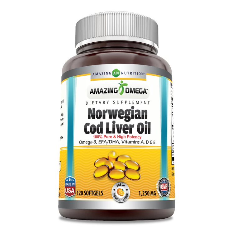 Amazing Omega Norwegian Cod Liver Oil | 1250 Mg | 120 Softgels | Orange Flavor