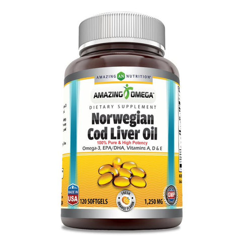 Image of Amazing Omega Norwegian Cod Liver Oil | 1250 Mg | 120 Softgels | Orange Flavor