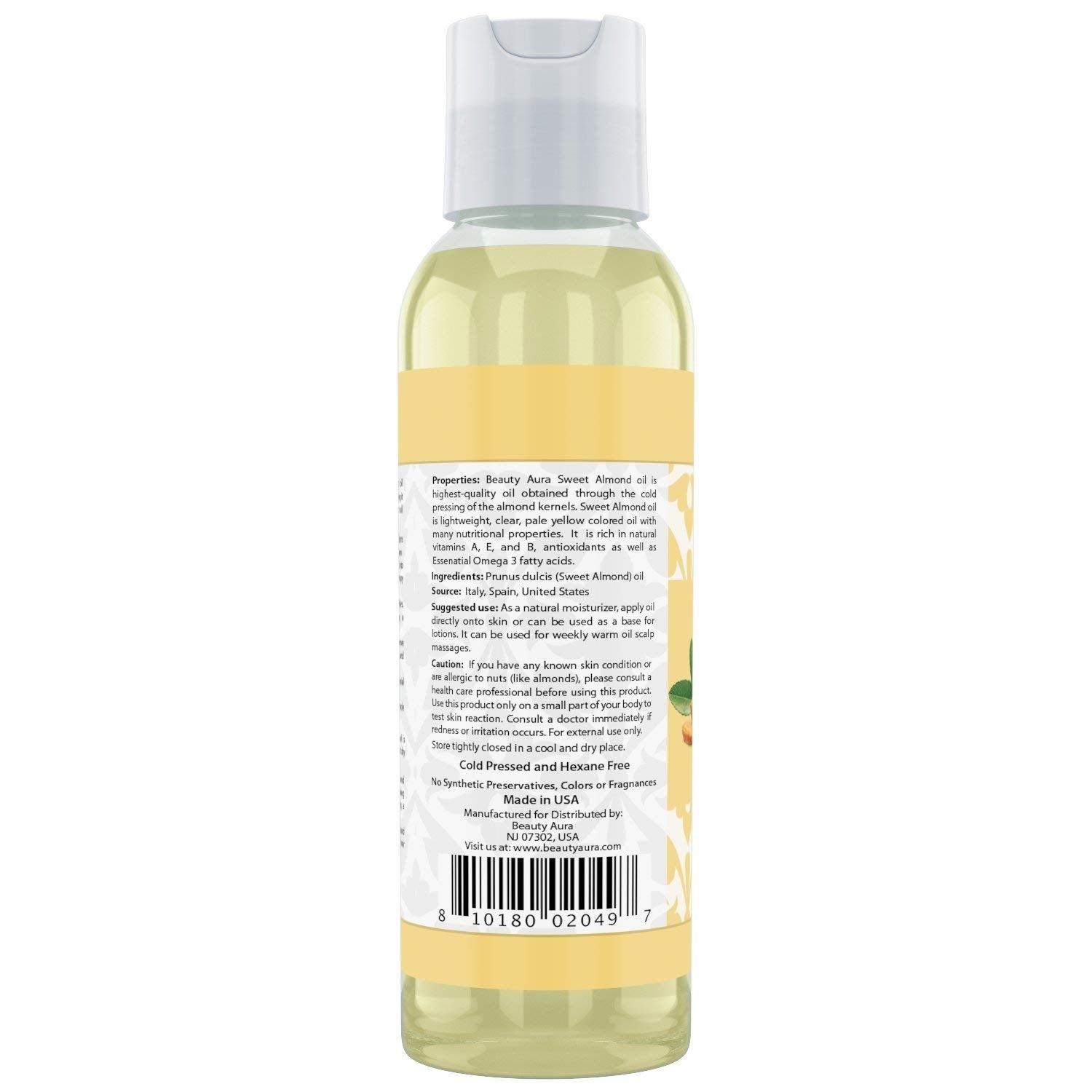 Beauty Aura Sweet Almond Oil | 4 Fl. Oz (118 ml) | 100% Pure | Moisturizing Oil