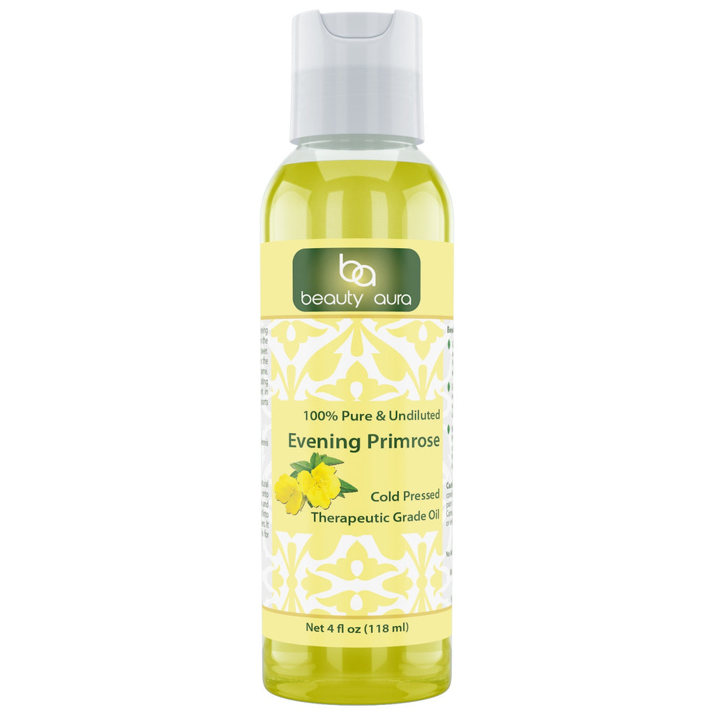 Beauty Aura Evening Primrose (Cold Pressed) - 4 fl oz - for Healthy Hair, Skin & Nails.