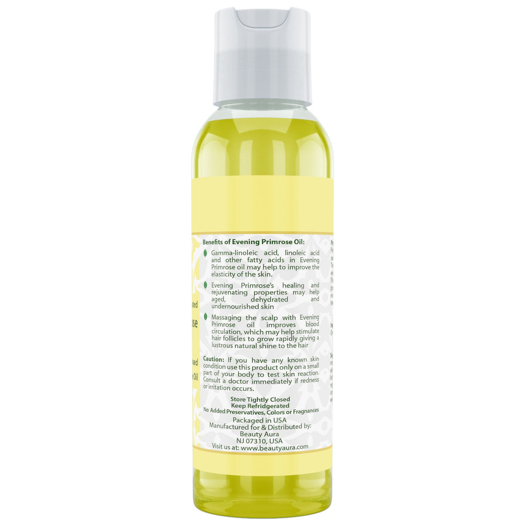 Beauty Aura Evening Primrose (Cold Pressed) - 4 fl oz - for Healthy Hair, Skin & Nails.