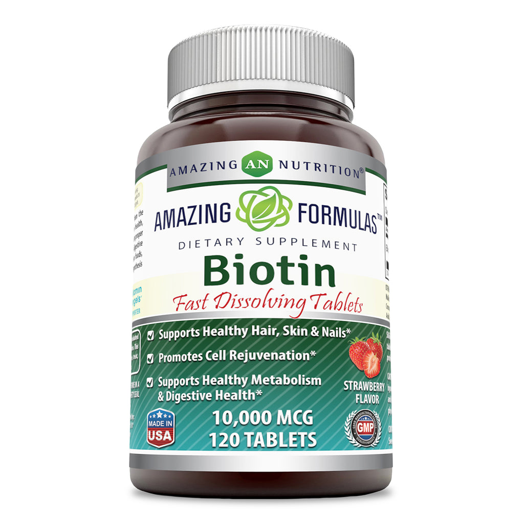 Amazing Formulas Biotin Fast Dissolving | 10000 Mcg | 120 Tablets | Strawberry Flavor