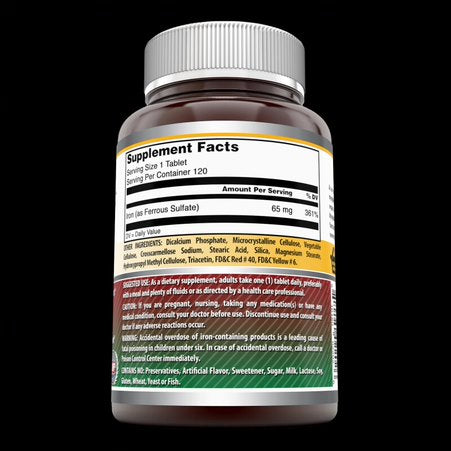 Amazing Formulas Iron as Ferrous Sulfate | 65 Mg | 120 Tablets