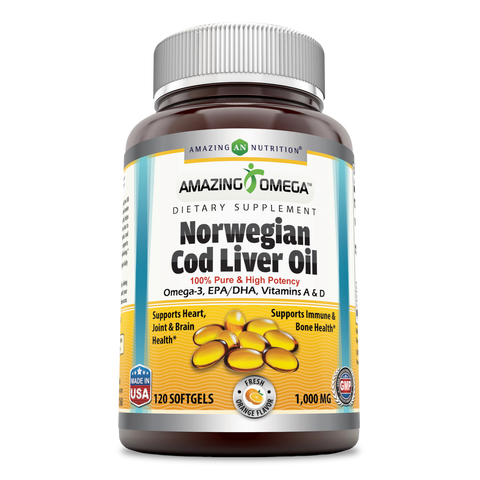 Image of Amazing Omega Norwegian Cod Liver Oil | 1000 Mg | 120 Softgels | Fresh Orange Flavor
