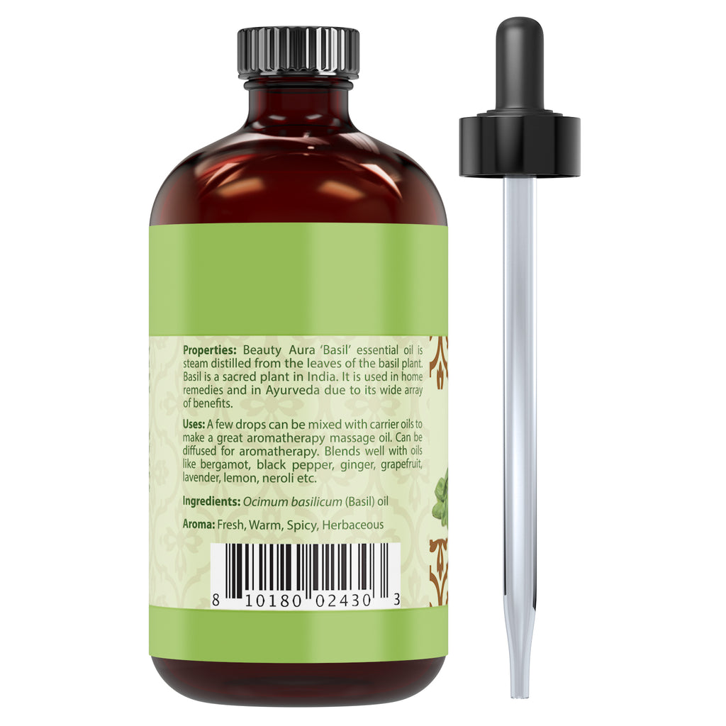 Beauty Aura Basil Essential Oil |  4 Fl Oz | 118 Ml