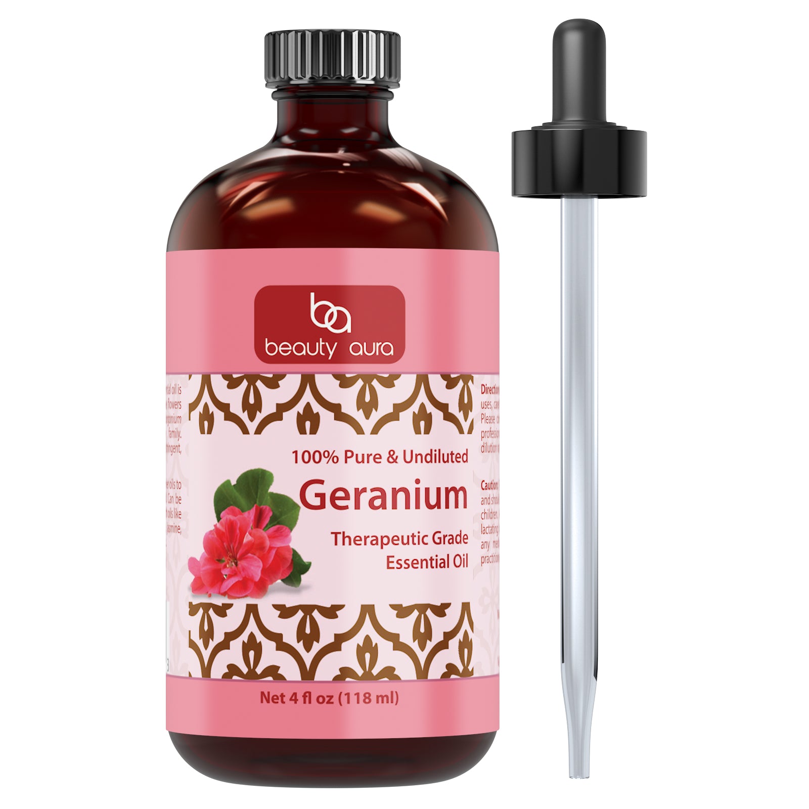 Beauty Aura Geranium Oil | Therapeutic Grade Essential Oil | 4 Fl. Oz (118 ml)