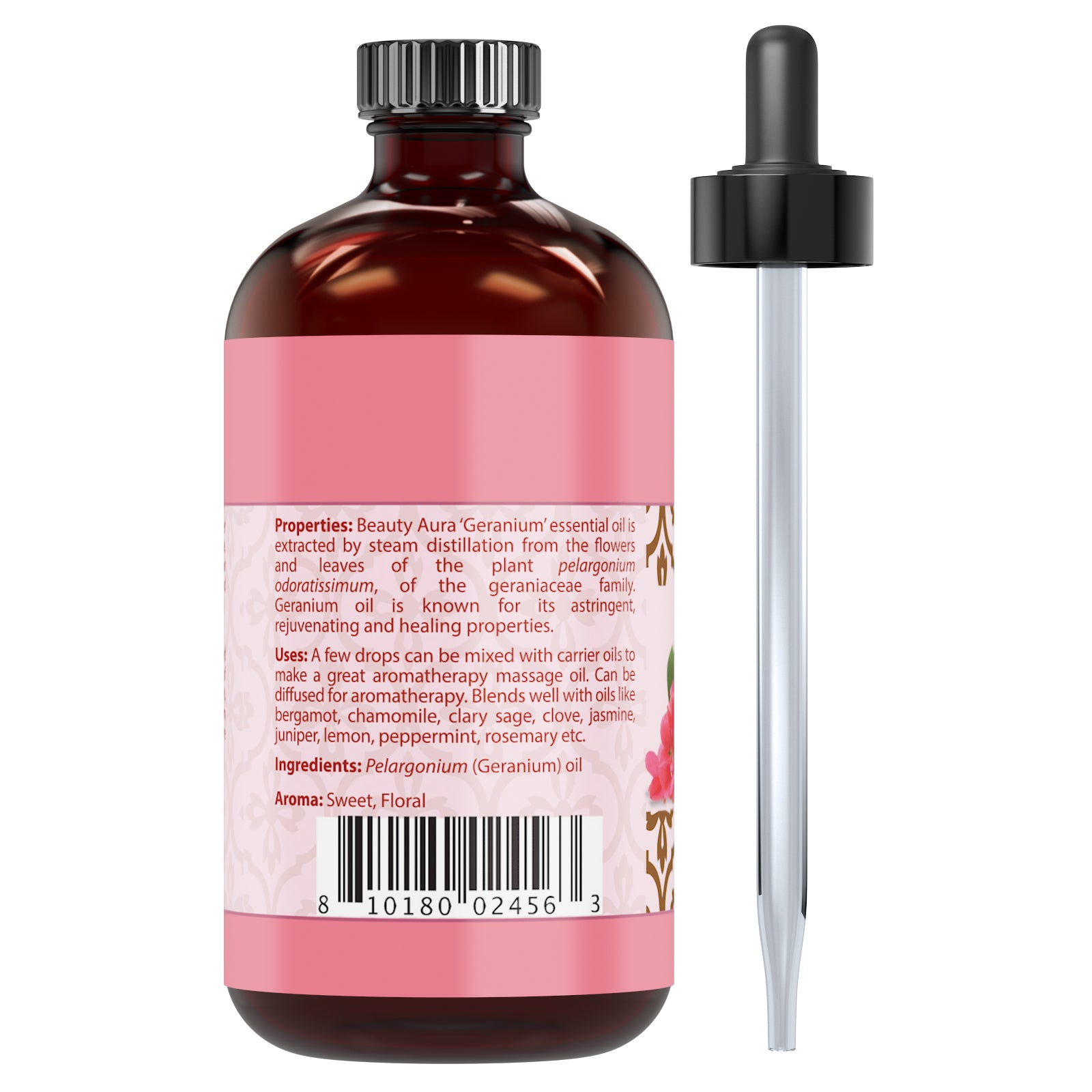 Beauty Aura Geranium Oil | Therapeutic Grade Essential Oil | 4 Fl. Oz (118 ml)