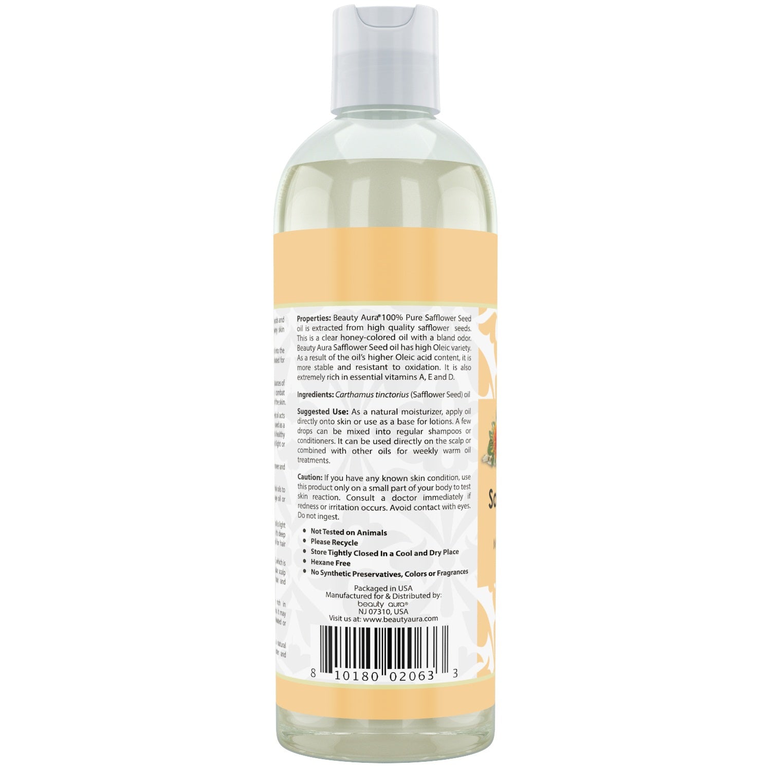 Beauty Aura Safflower Seed Oil | 16 Fl. Oz (473 ml) | Moisturizing & Protecting