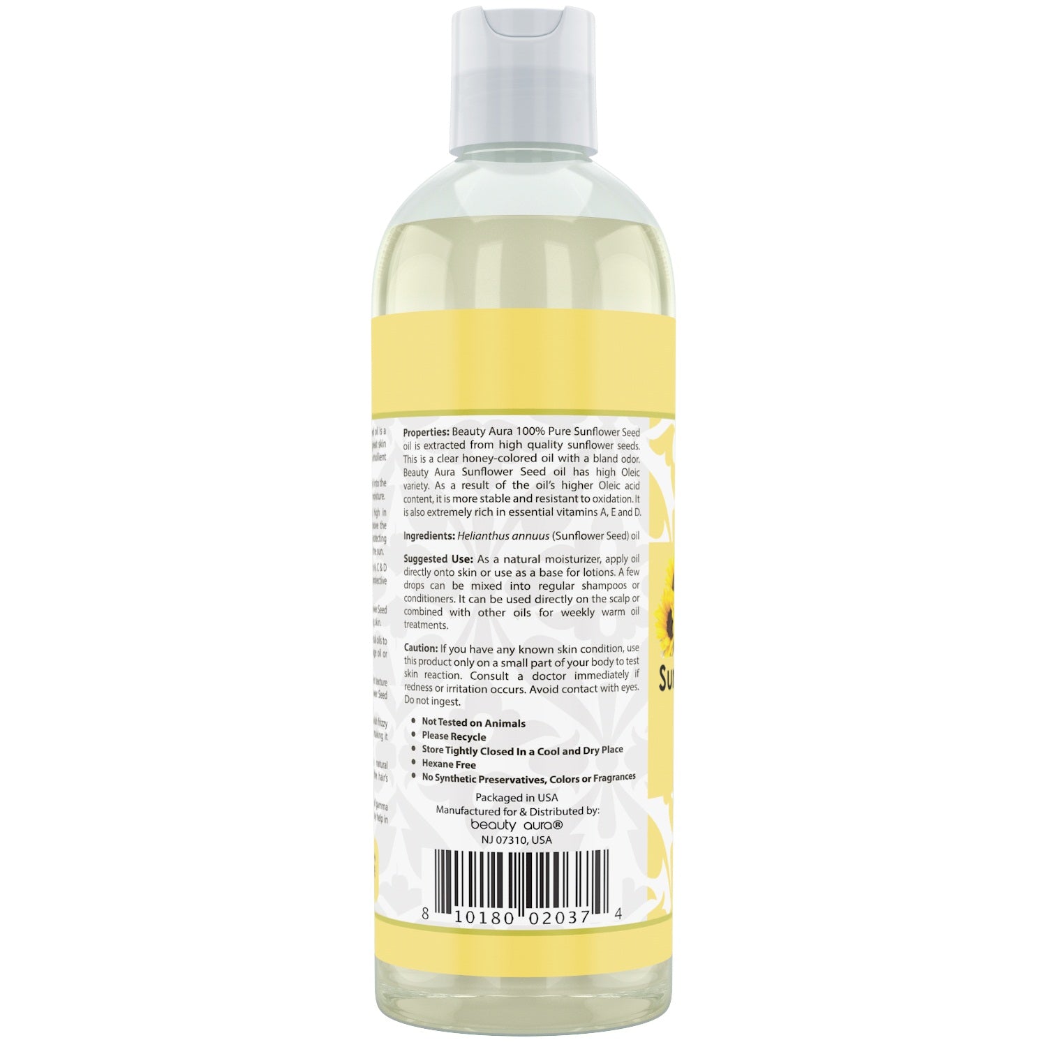 Beauty Aura Sunflower Seed Oil | 16 Fl. Oz (473 ml) | 100% Pure | Healing & Moisturizing