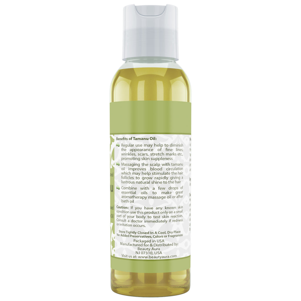 Beauty Aura Tamanu Nut Oil - 4 Oz Bottle - 100% Pure - for Healthy Hair, Skin & Nails.