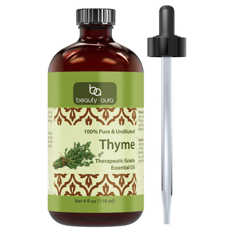 Image of Beauty Aura Thyme Essential Oil | 100% Pure, Undiluted Therapeutic Grade Oil - Ideal for Aromatherapy & Beauty Care | 4 Oz