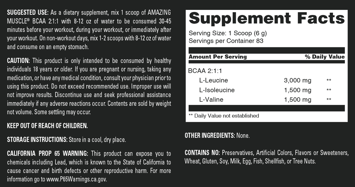 Amazing Muscle BCAA 2:1:1 Powder | Unflavored | 498 G | 83 Servings