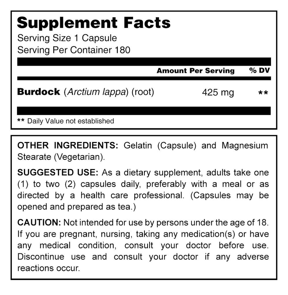 Herbal Secrets Burdock Root | 425 Mg | 180 Capsules