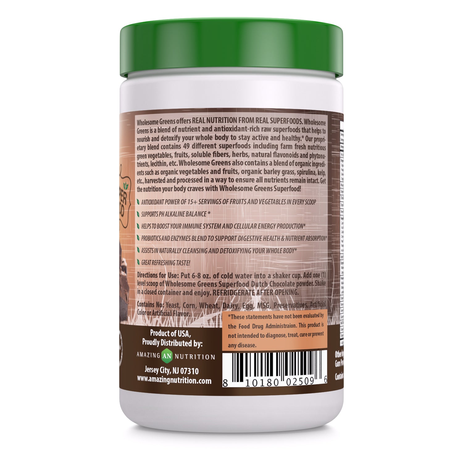 Wholesome Greens Super Food Greens Dutch Chocolate Flavor - 8.5 oz - Amazing Nutrition