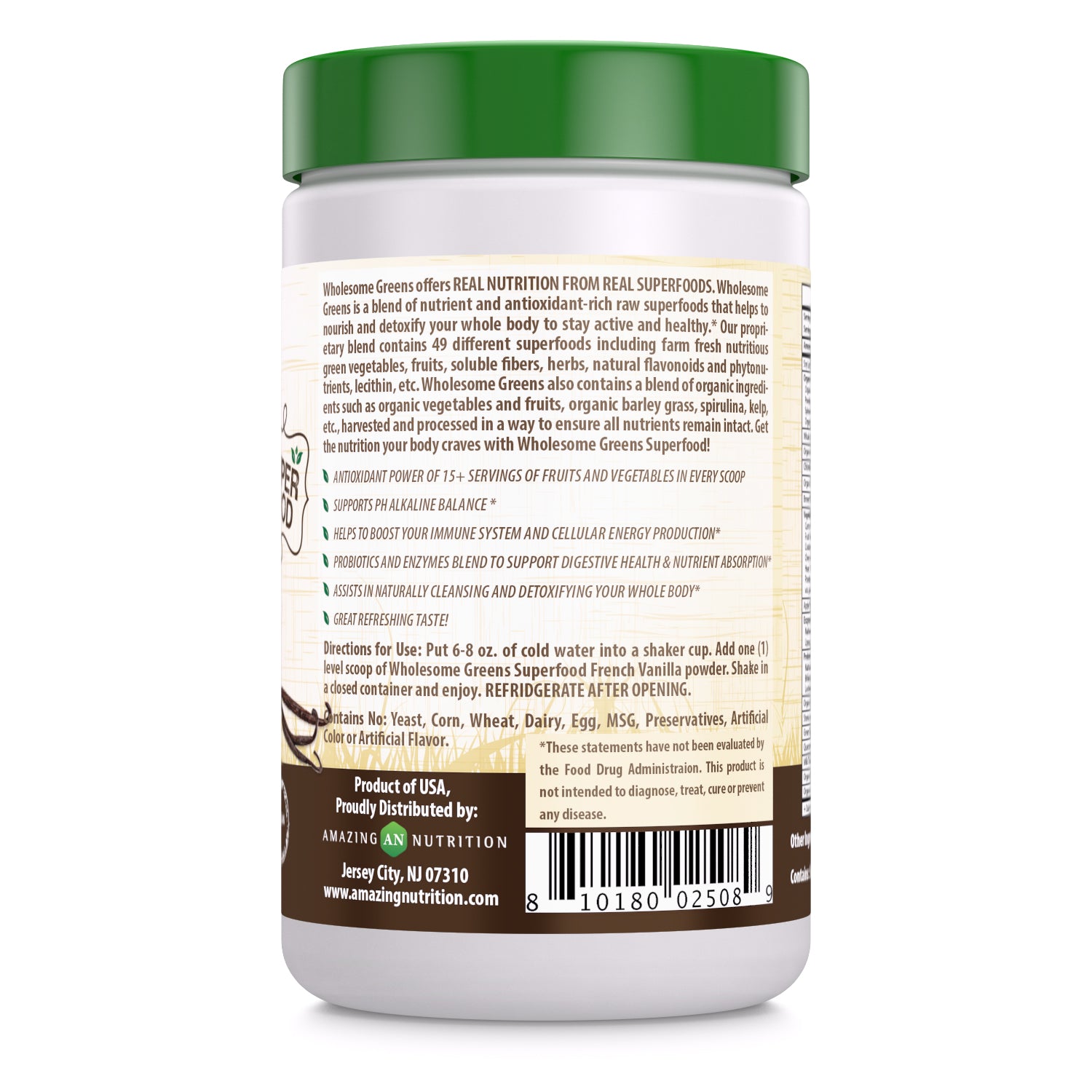 Wholesome Greens Super Food Greens Vanilla Flavor - 8.5 oz - Amazing Nutrition