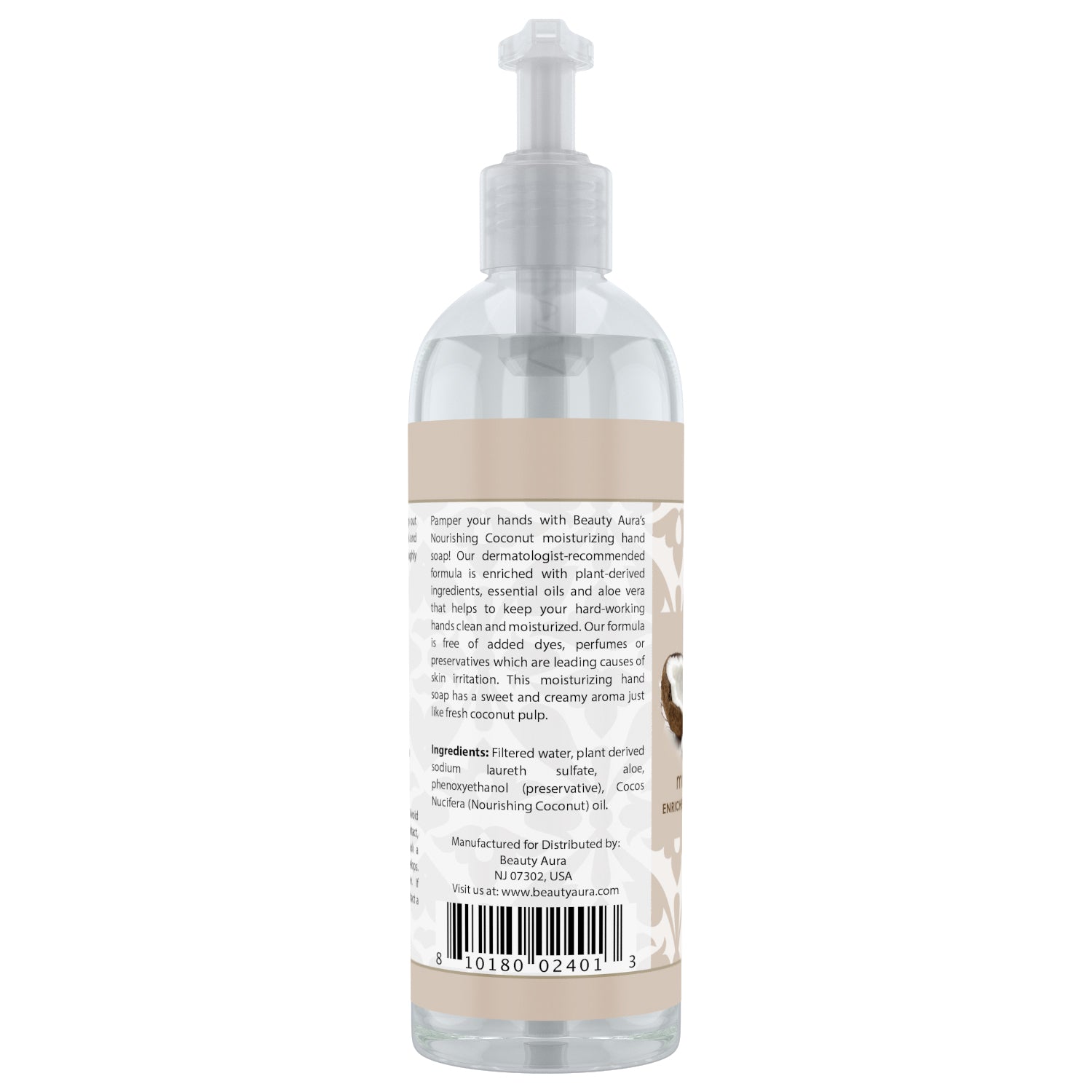Beauty Aura Moisturizing Hand Soap Nourishing Coconut | with Essentials Oils & Aloe Vera | 16 Fl.Oz (473ml)